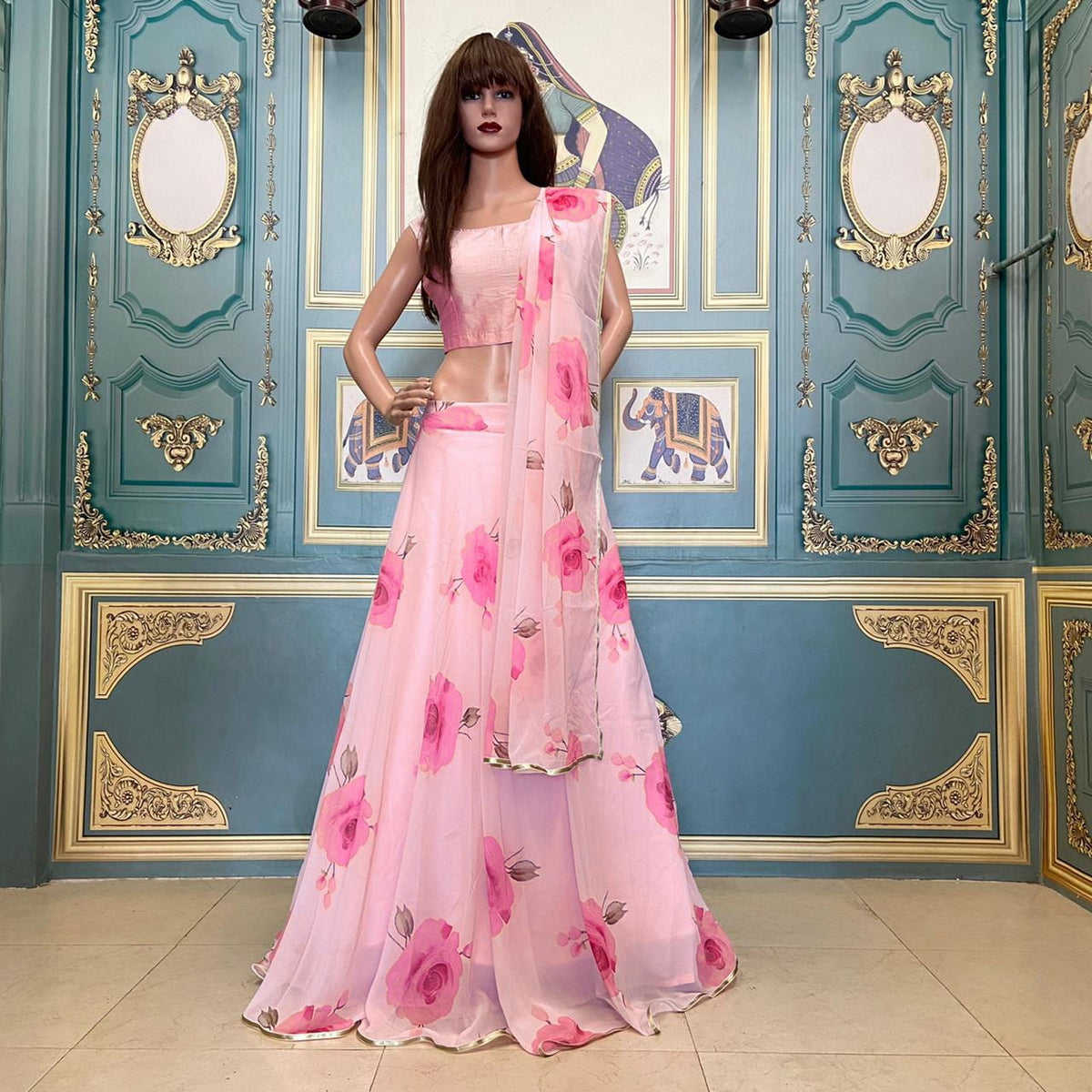 Sensational Light Pink Color Digital Printed Design Georgette Ready Made Lace Work Wedding Wear Lehenga Choli