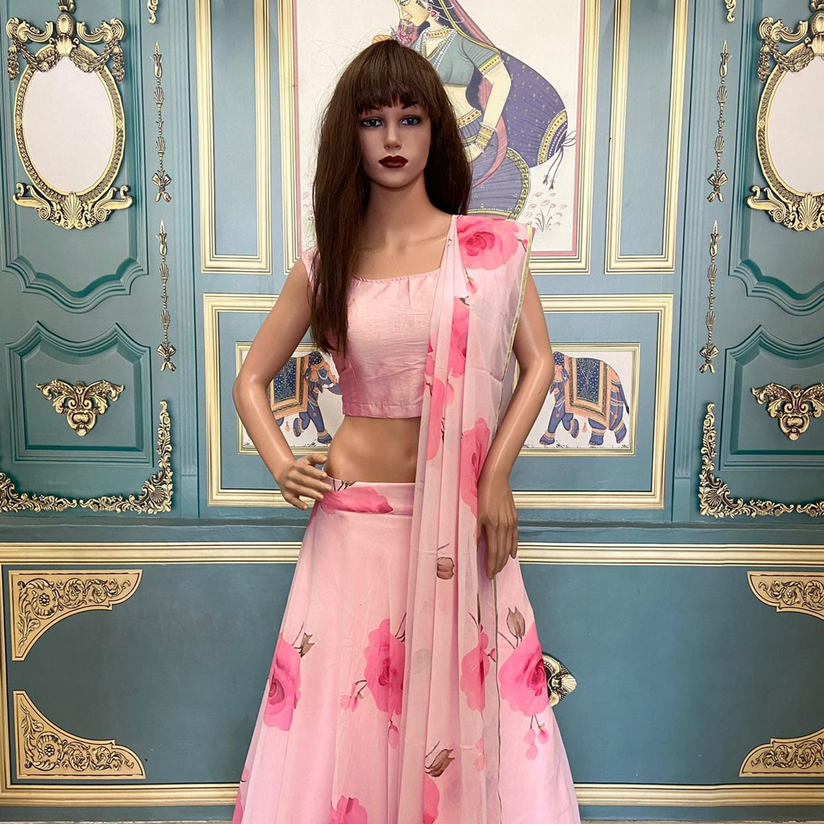Sensational Light Pink Color Digital Printed Design Georgette Ready Made Lace Work Wedding Wear Lehenga Choli