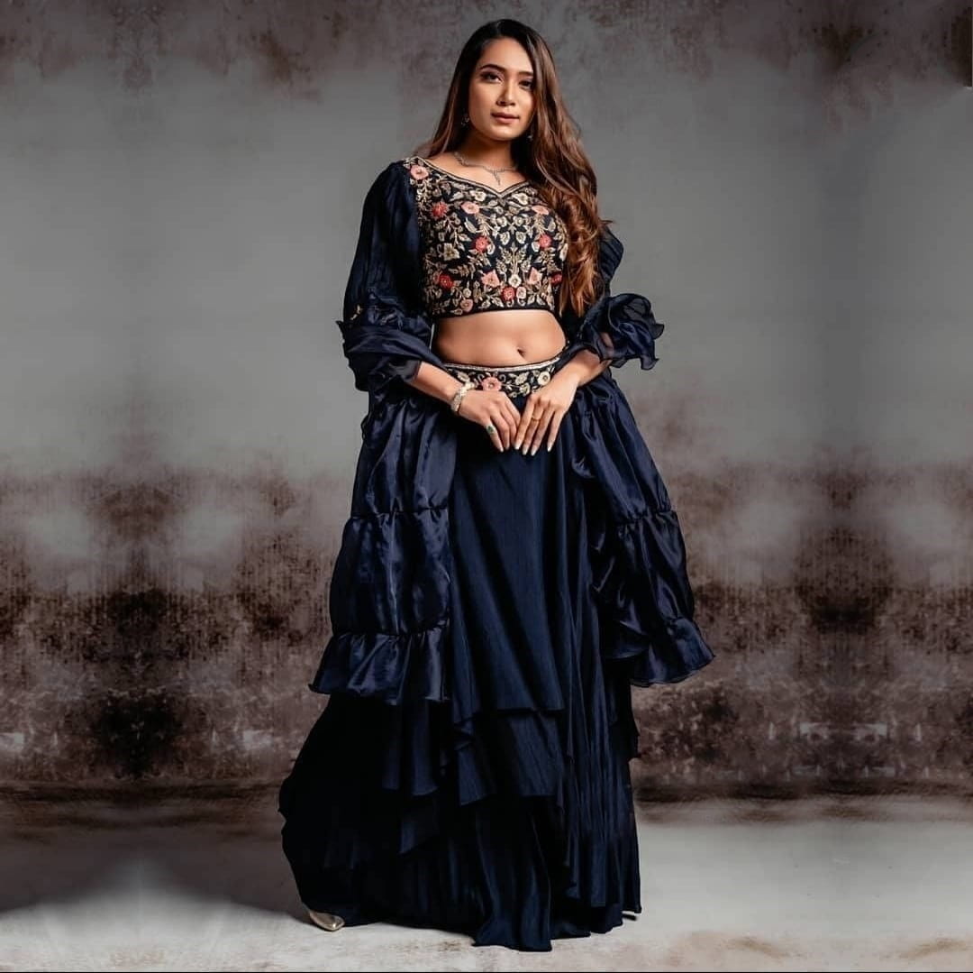 Surpassing Navy Blue Color Stylish Crape Silk Embroidered Work Waist Belt Lehenga Choli For Festive Wear