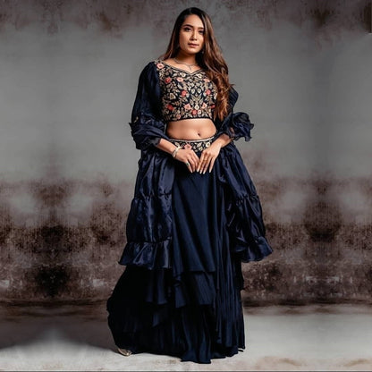 Surpassing Navy Blue Color Stylish Crape Silk Embroidered Work Waist Belt Lehenga Choli For Festive Wear