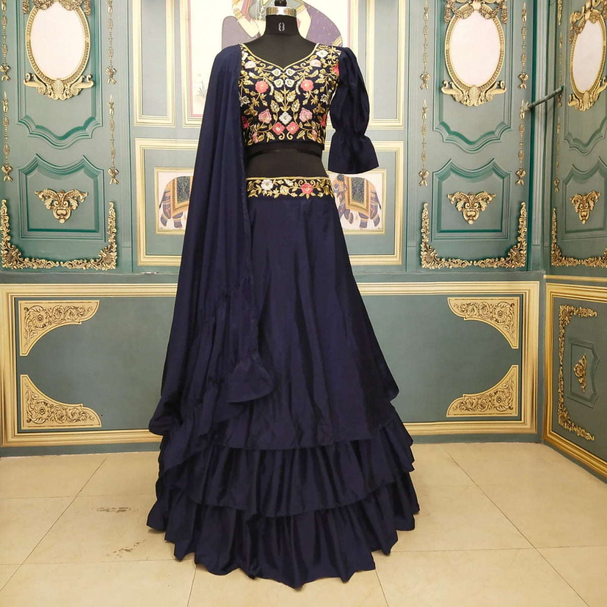 Surpassing Navy Blue Color Stylish Crape Silk Embroidered Work Waist Belt Lehenga Choli For Festive Wear