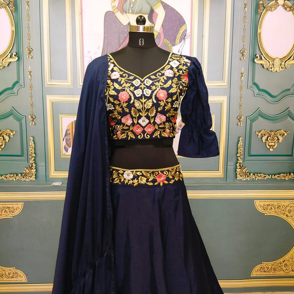 Surpassing Navy Blue Color Stylish Crape Silk Embroidered Work Waist Belt Lehenga Choli For Festive Wear
