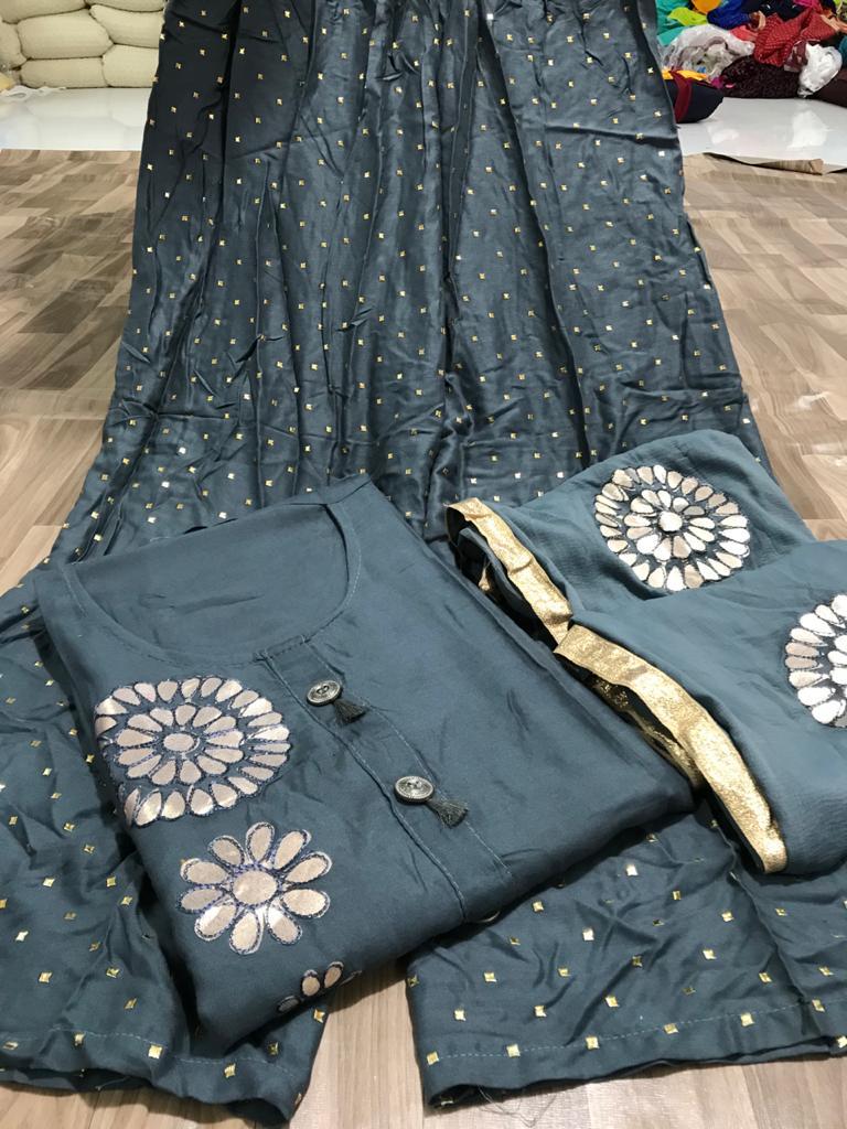 Grey Rayon Cotton Designer Kurti And Full Stitched Plazo For Function Wear VT3034108C
