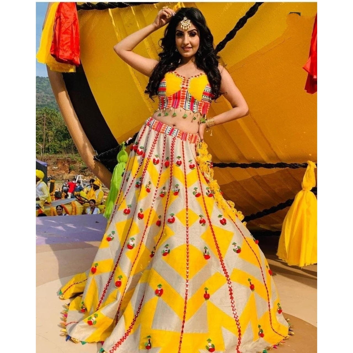 Gorgeous Yellow Color Gotta Satin Designer Digital Printed Lehenga Choli For Women
