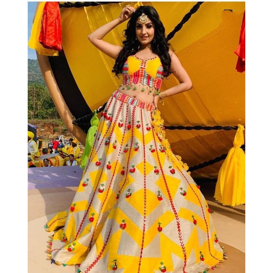 Gorgeous Yellow Color Gotta Satin Designer Digital Printed Lehenga Choli For Women