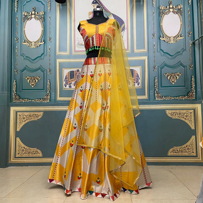 Gorgeous Yellow Color Gotta Satin Designer Digital Printed Lehenga Choli For Women