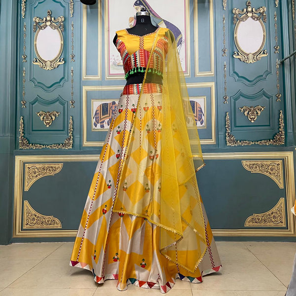 Gorgeous Yellow Color Gotta Satin Designer Digital Printed Lehenga Choli For Women