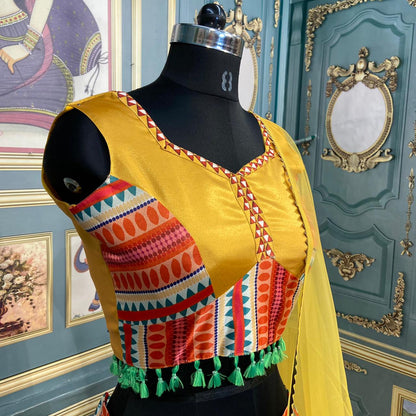 Gorgeous Yellow Color Gotta Satin Designer Digital Printed Lehenga Choli For Women