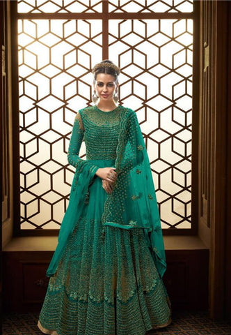 Graceful Rama Color Heavy Soft Net Multi Zari Embroidered Stone Work Salwar Suit For Party Wear