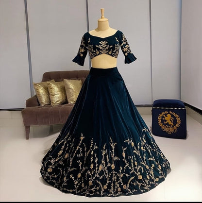 Marvellous Rama Color Stylish Velvet Coding Embroidered Work Lehenga Choli For Women