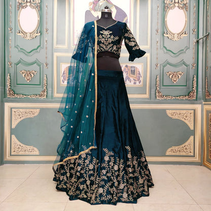 Marvellous Rama Color Stylish Velvet Coding Embroidered Work Lehenga Choli For Women
