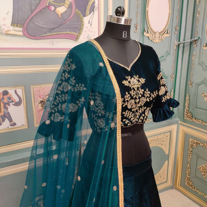 Marvellous Rama Color Stylish Velvet Coding Embroidered Work Lehenga Choli For Women