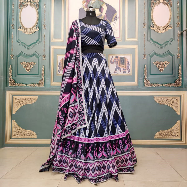 Dark Blue Color Designer Digital Printed Italian Silk Beautiful Lehenga Choli For Party Wear
