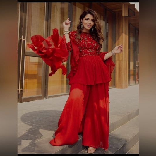 Desirable Red Color Georgette Ready Made Embroidered Work Plazo Kurti For Festive Wear