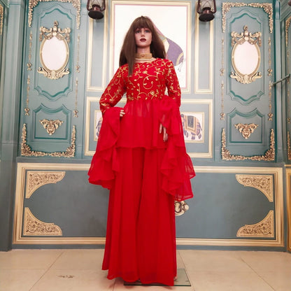 Desirable Red Color Georgette Ready Made Embroidered Work Plazo Kurti For Festive Wear