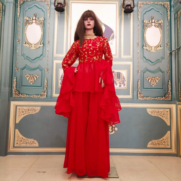 Desirable Red Color Georgette Ready Made Embroidered Work Plazo Kurti For Festive Wear