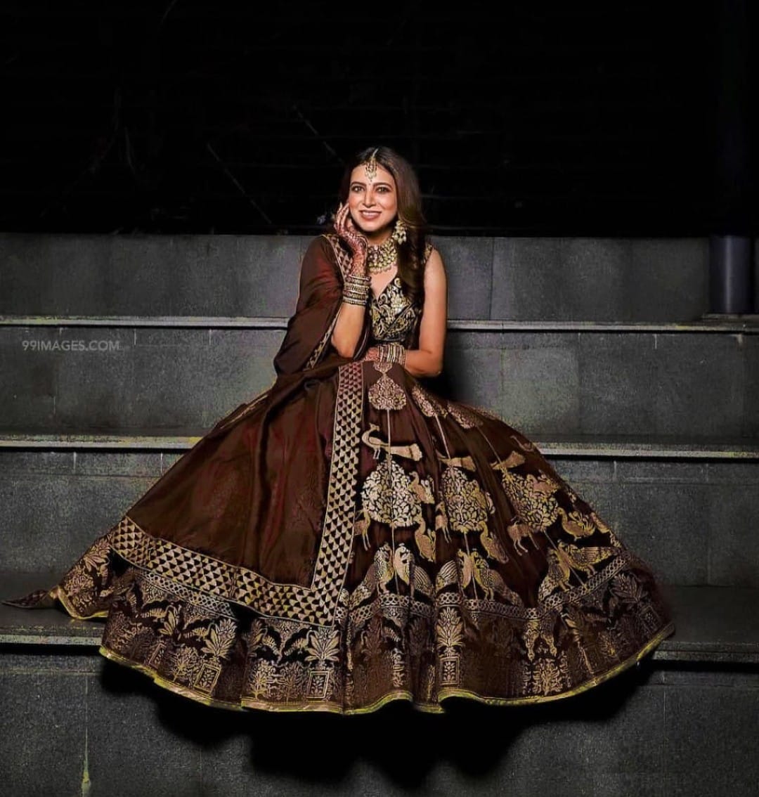 Astonishing Brown Color Designer Gotta Satin Fancy Digital Printed Lehenga Choli For Festive Wear