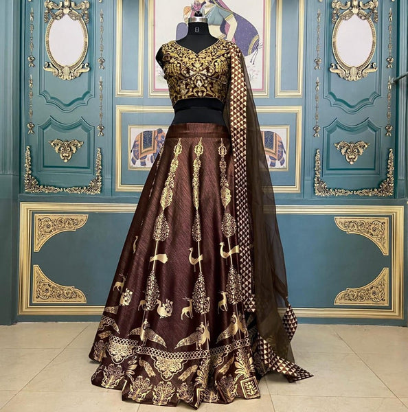 Astonishing Brown Color Designer Gotta Satin Fancy Digital Printed Lehenga Choli For Festive Wear