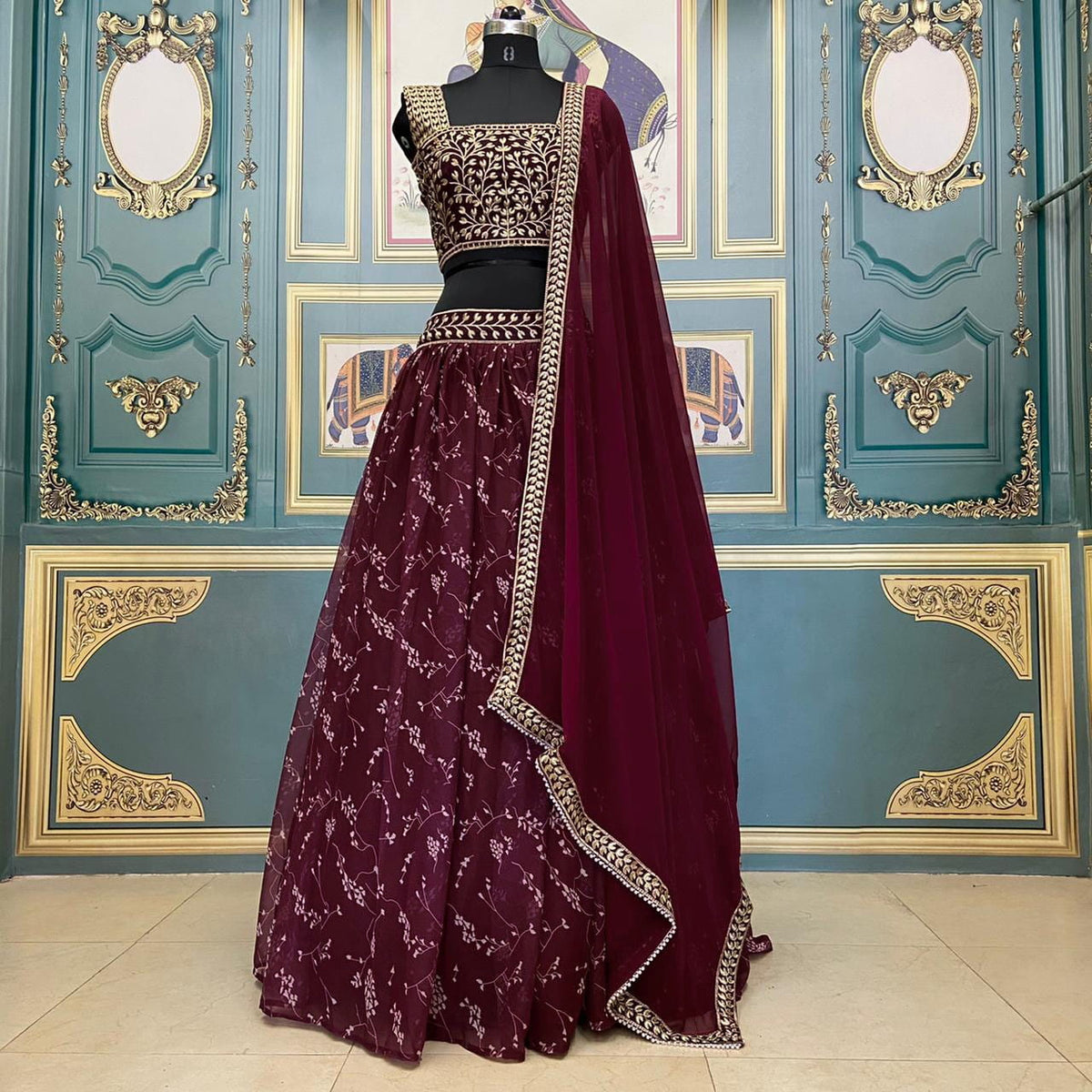 Marvellous Purple Color Festive Wear Georgette Embroidered Work Belt Digital Printed Lehenga Choli