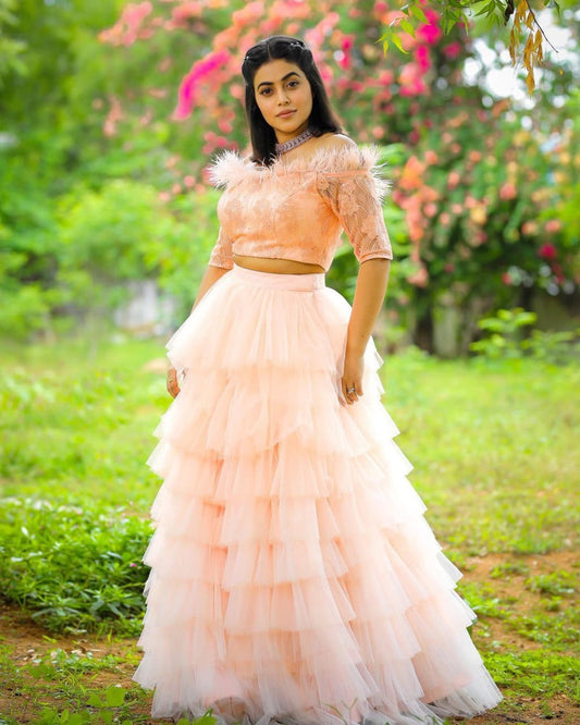 Striking Peach Color Function Wear Soft Net Embroidered Work Lehenga Choli