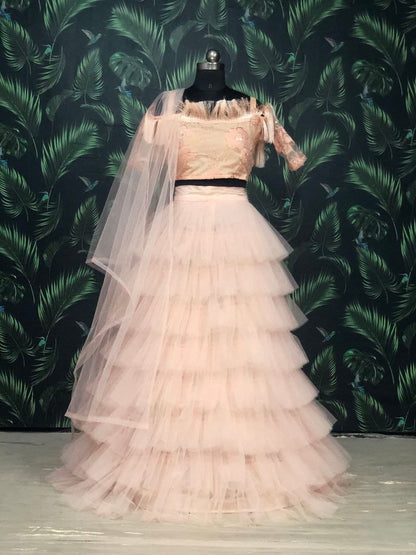 Striking Peach Color Function Wear Soft Net Embroidered Work Lehenga Choli