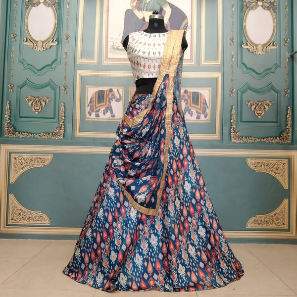 Astonishing Blue Color Function Wear Digital Printed Italian Silk Lehenga Choli