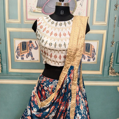 Astonishing Blue Color Function Wear Digital Printed Italian Silk Lehenga Choli