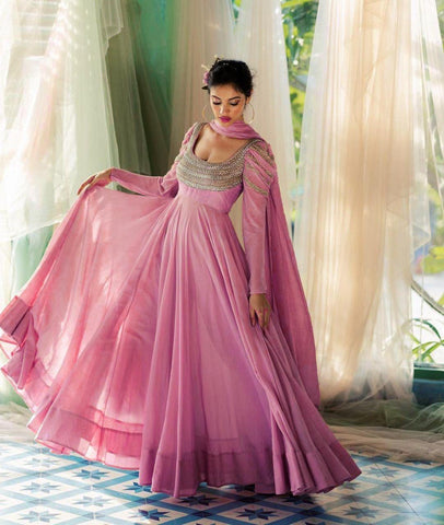 Admirable Pink Color Party Wear Georgette Full Stitched Embroidered Work Gown Dupatta