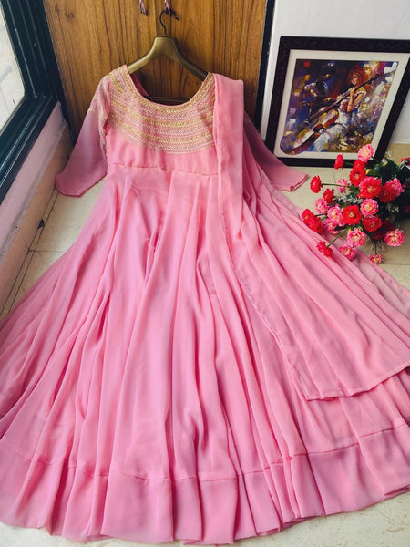 Admirable Pink Color Party Wear Georgette Full Stitched Embroidered Work Gown Dupatta