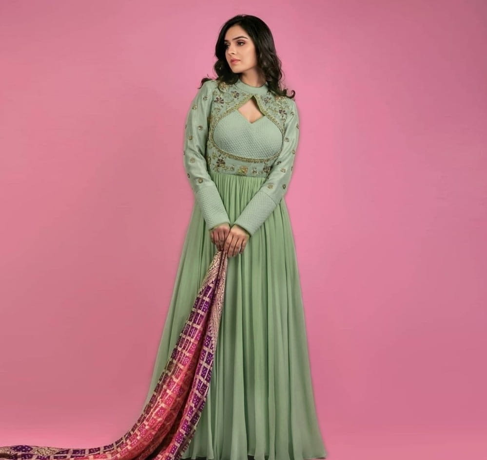 Stupendous Green Color Function Wear Taffeta Georgette Embroidered Thread Work Gown Dupatta