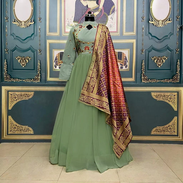 Stupendous Green Color Function Wear Taffeta Georgette Embroidered Thread Work Gown Dupatta