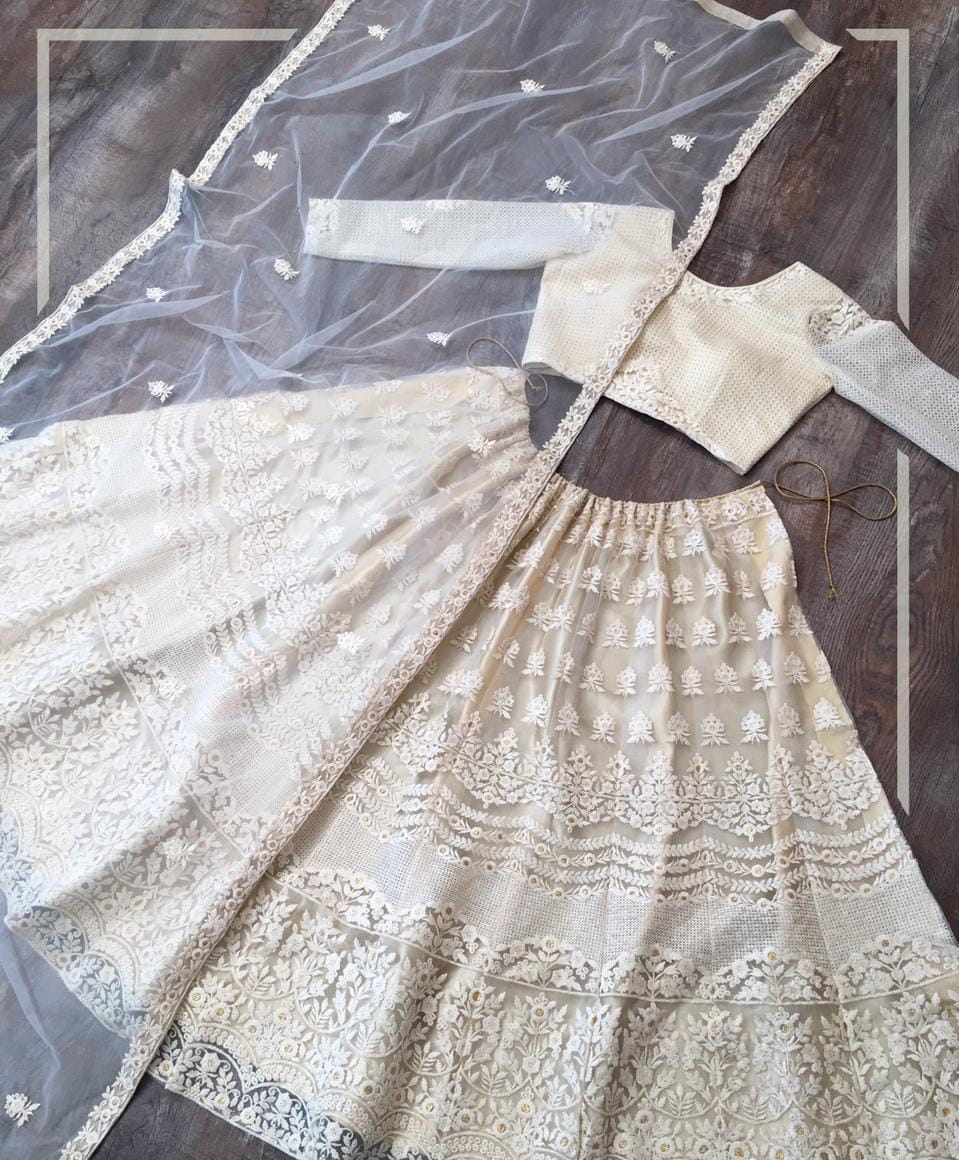 Wondrous Off White Color Designer Soft Net Fancy Lucknowi Embroidered Work Lehenga Choli