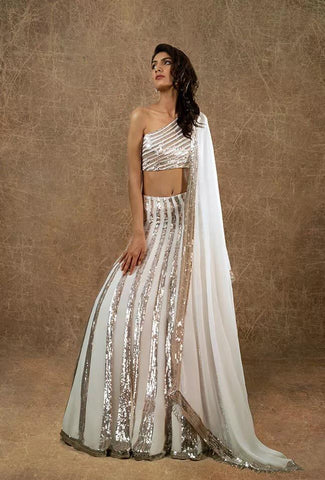 Outstanding White Color Fancy Sequence Embroidered Work Georgette Function Wear Lehenga Choli