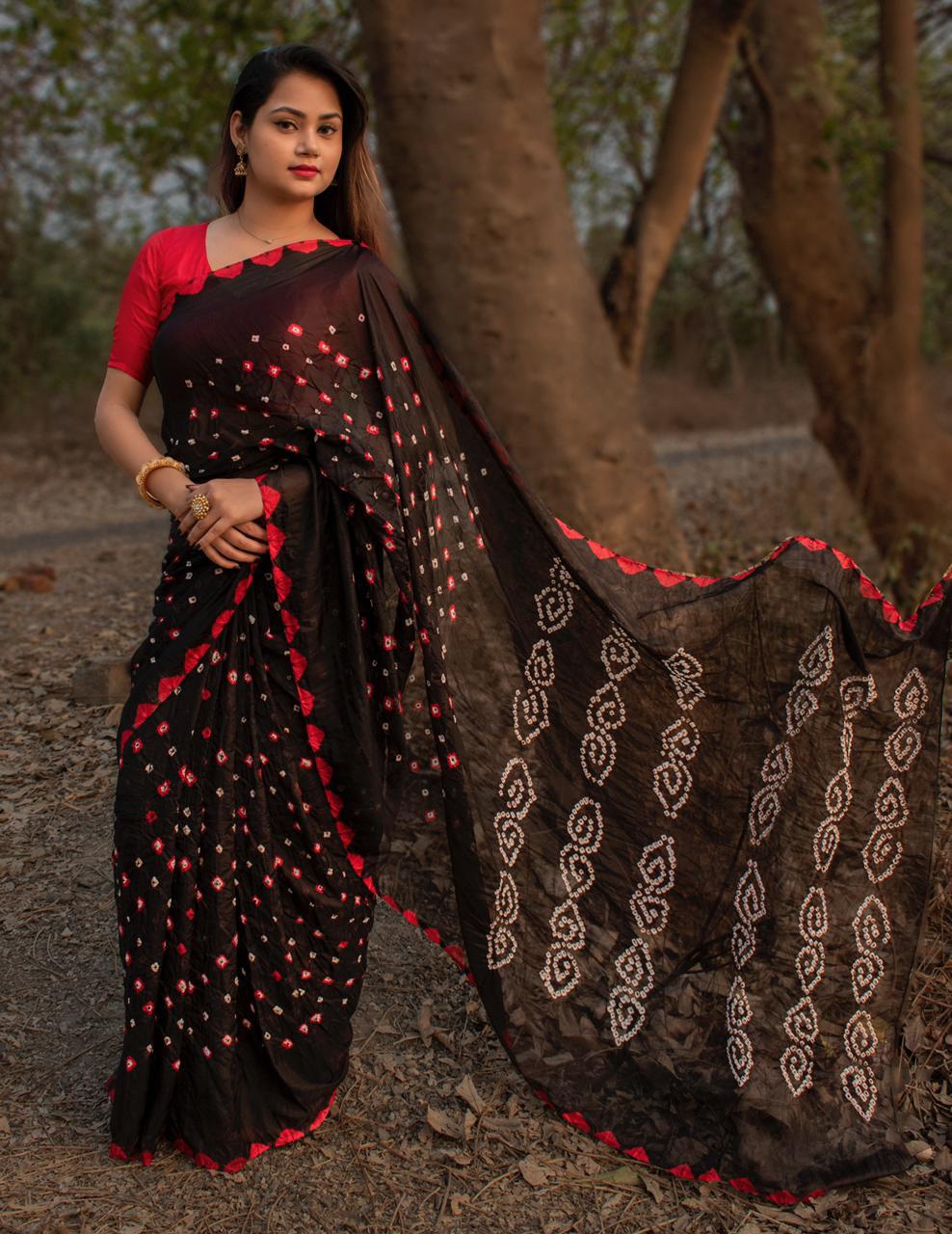 Indian Wear Silk Bandhani Hand Work Festive Wear Saree Designer Blouse