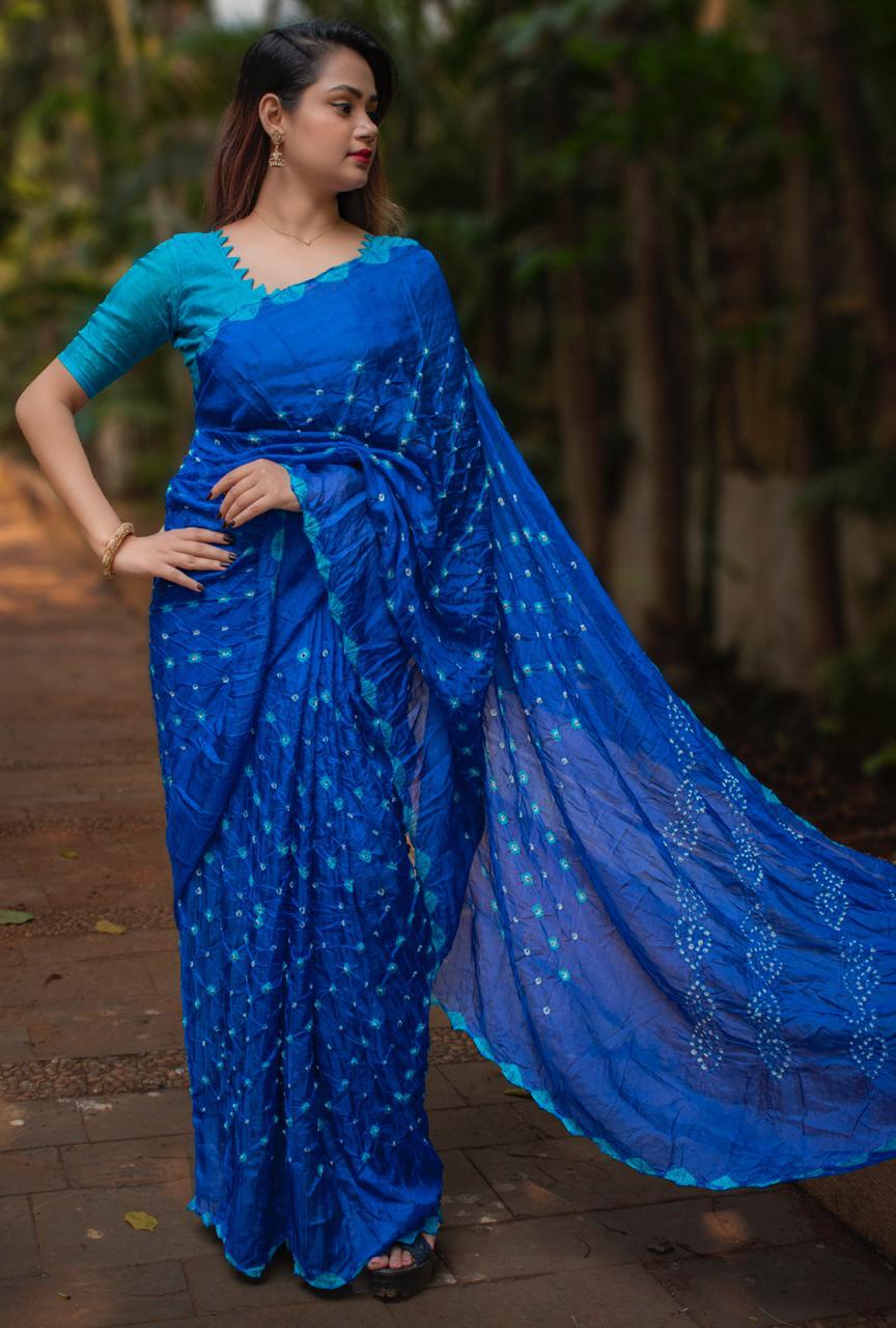 Indian Wear Silk Bandhani Hand Work Festive Wear Saree Designer Blouse