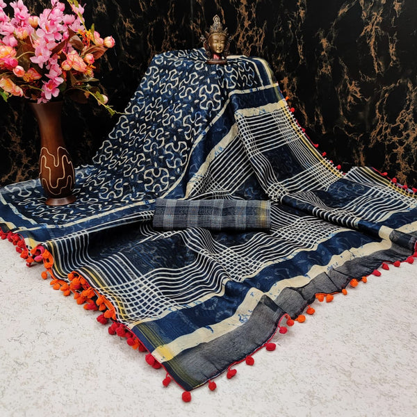 Surpassing Festive Wear Linen Cotton Digital Printed Fancy Golden Zari Border Saree Designer Blouse