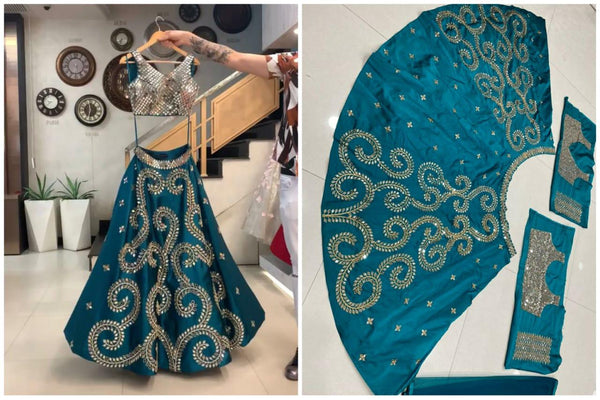 Real Mirror Work Teal Blue Color Taffeta Silk Wedding Wear Lehenga Choli For Women