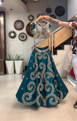 Real Mirror Work Teal Blue Color Taffeta Silk Wedding Wear Lehenga Choli For Women