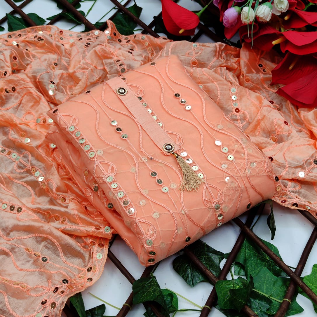 Fancy Embroidered Diamond Work Peach Color Mono Net Casual Wear Salwar Suit For Women