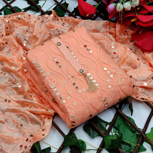 Fancy Embroidered Diamond Work Peach Color Mono Net Casual Wear Salwar Suit For Women