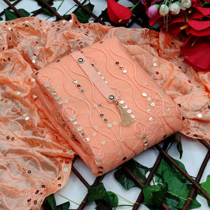 Fancy Embroidered Diamond Work Peach Color Mono Net Casual Wear Salwar Suit For Women