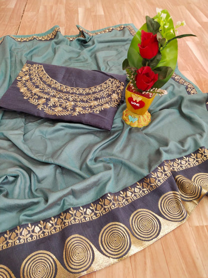 Elegant Grey Color Two Tone Vichitra Silk Fancy Embroidered Zari Work Border Saree Blouse For Function Wear