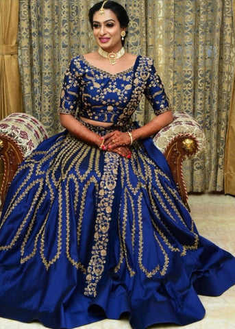 Thrilling Dark Blue Color Wedding Wear Banglori Silk Designer Embroidered Work Lehenga Choli