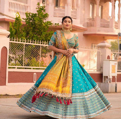 Fabulous Firozi Color Stylish Real Mirror Work Digital Printed Fancy Butter Silk Lehenga Choli For Occasion Wear