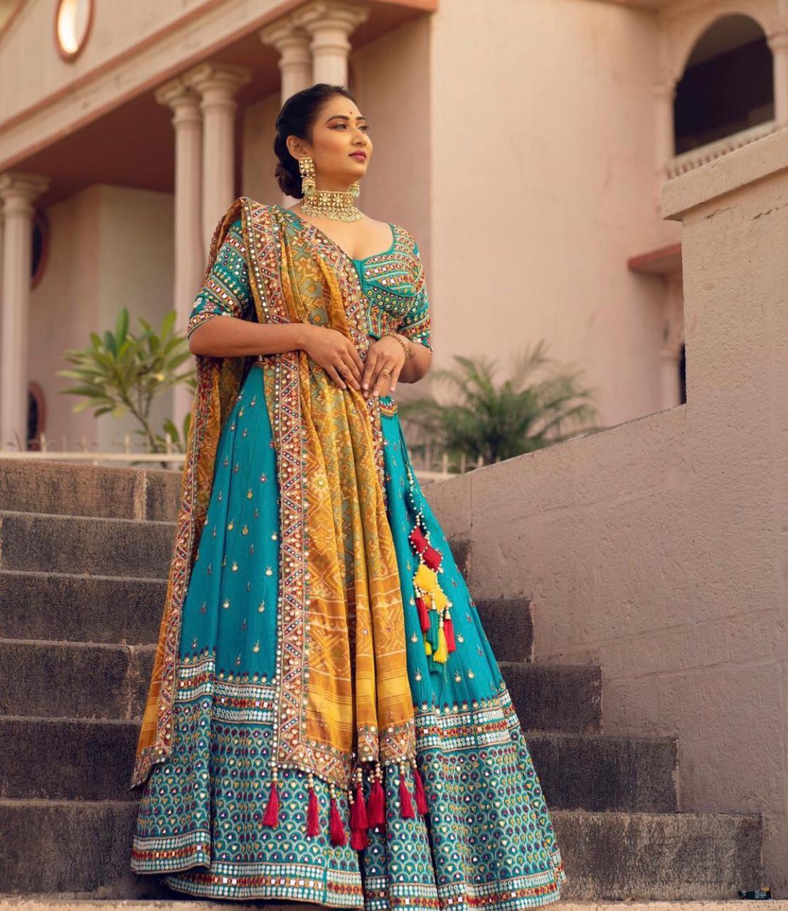 Amazing Firozi Color Latest Digital Printed Fancy Butter Silk Lehenga Choli For Party Wear