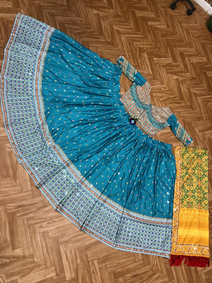 Fabulous Firozi Color Stylish Real Mirror Work Digital Printed Fancy Butter Silk Lehenga Choli For Occasion Wear
