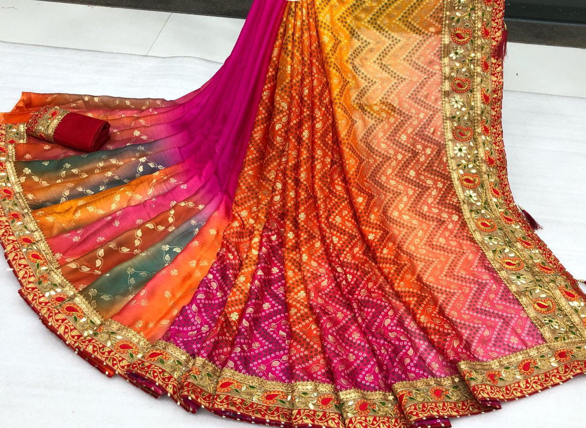 Staggering Festive Wear Moss Chiffon Designer Bandhani Gotta Patti Banarasi Weaving Border Work Saree Blouse