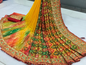 Staggering Festive Wear Moss Chiffon Designer Bandhani Gotta Patti Banarasi Weaving Border Work Saree Blouse