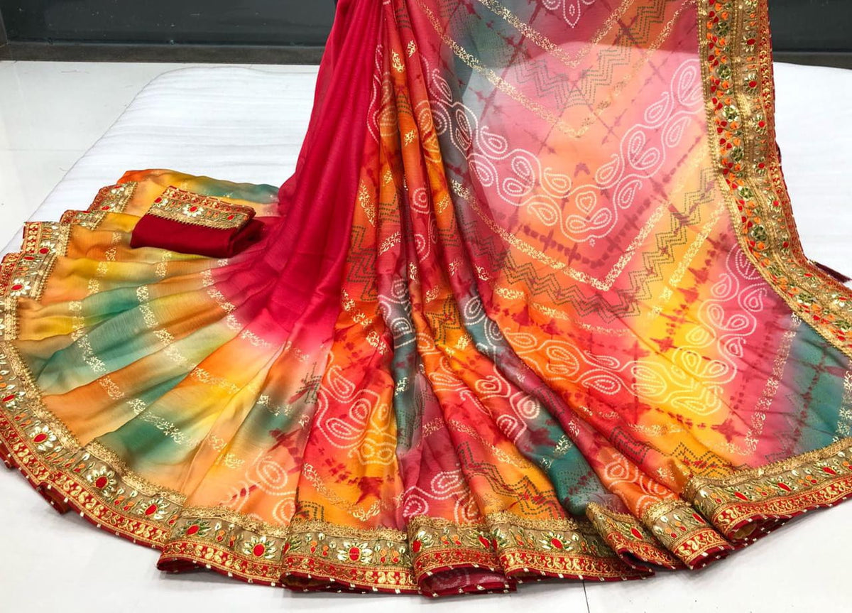 Staggering Festive Wear Moss Chiffon Designer Bandhani Gotta Patti Banarasi Weaving Border Work Saree Blouse