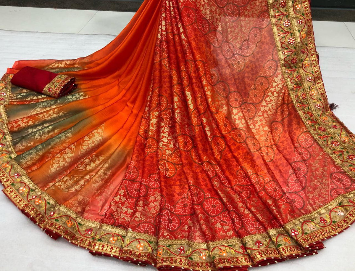 Staggering Festive Wear Moss Chiffon Designer Bandhani Gotta Patti Banarasi Weaving Border Work Saree Blouse